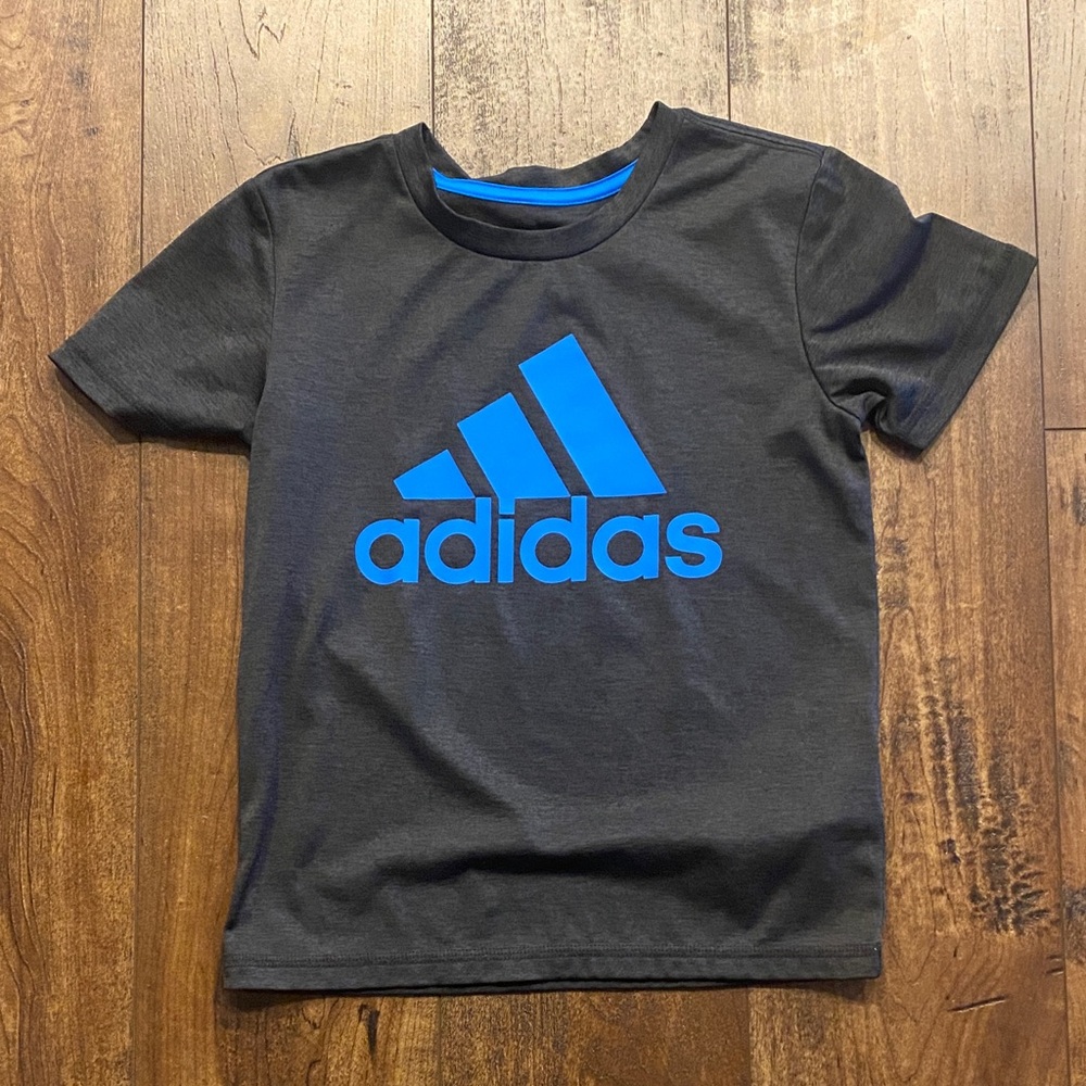 Adidas Kids Charcoal Tee with Vibrant Blue Logo
